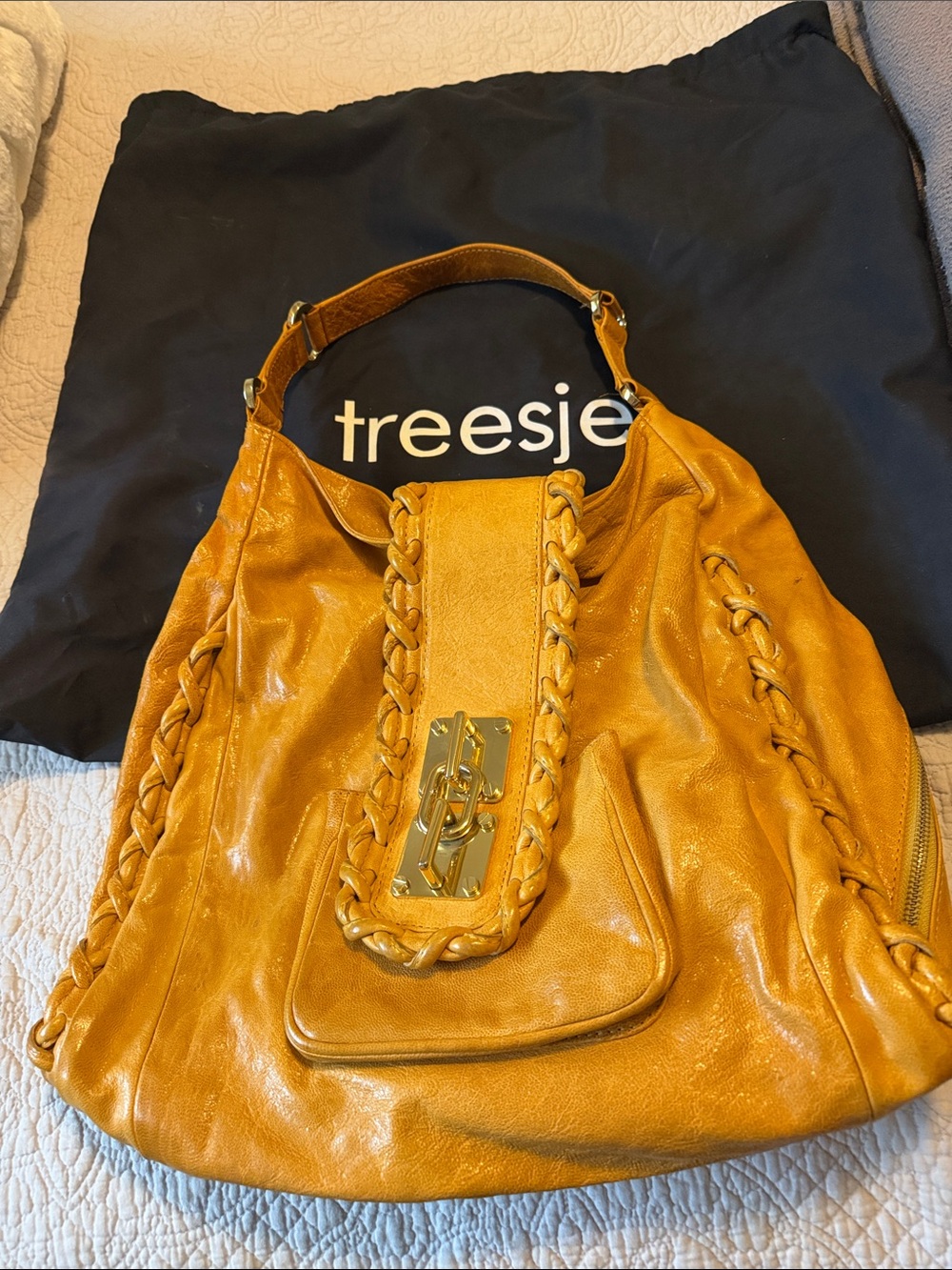 Treesje Mustard Yellow Braided Leather Hobo with Gold Hardware